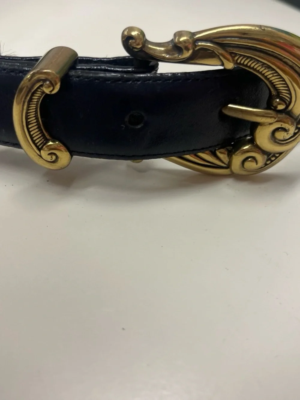 Talbots Black Leather Belt with Decorative Gold Buckle